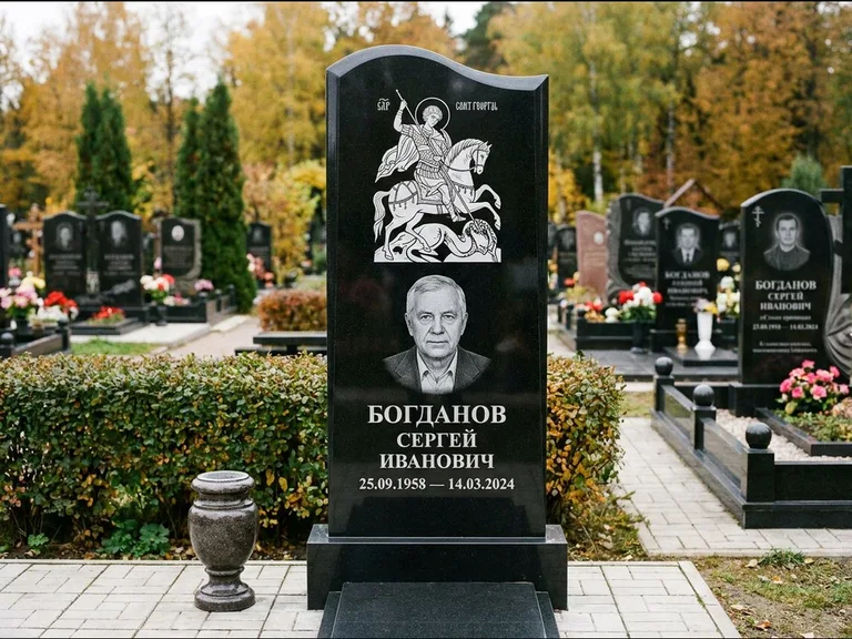 Памятник с гравировкой иконы: монументальный семейный мемориал из двух стел на общем цоколе — гравировка Николая Чудотворца, мощёная гранитная площадка без ограды, работа «Раевская» в Хабаровске