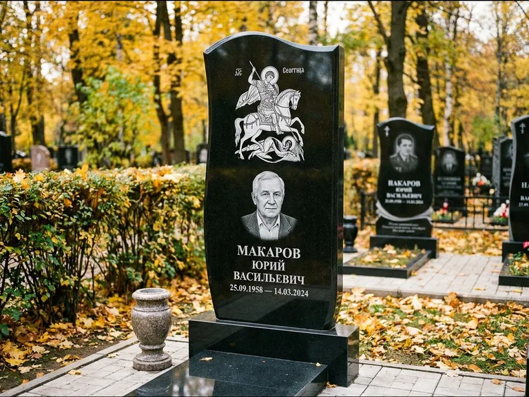 Памятник с гравировкой иконы — икона над портретом усопшего, работа «Раевская» в Хабаровске