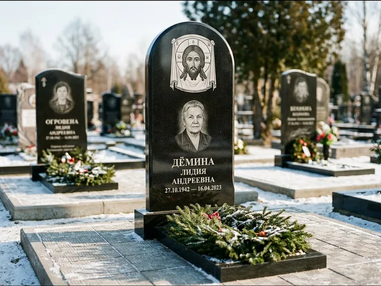Памятник с гравировкой иконы — икона Спаса Вседержителя над именем усопшего, работа «Ковалёв» в Хабаровске