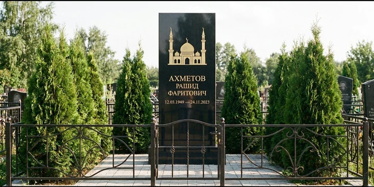 Гравировка мечети на памятник в Хабаровске — стела из чёрного гранита, оформление по канонам ислама