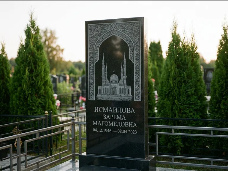 Мусульманский памятник с гравировкой мечети — мечеть в восточной арке с орнаментом, работа «Исмаилова» в Хабаровске