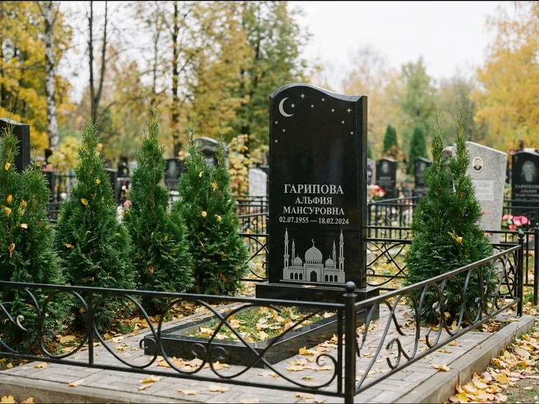 Мусульманский памятник с гравировкой мечети — мечеть с луной в ночном небе, работа «Гарипова» в Хабаровске