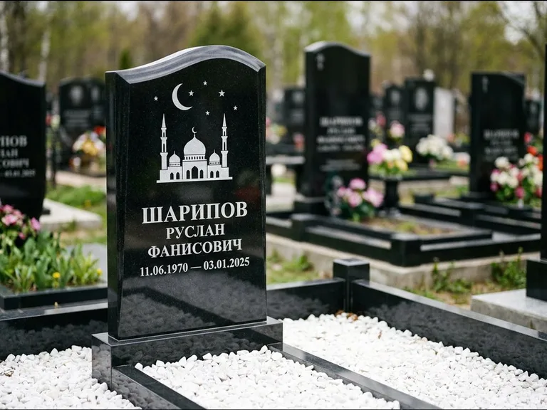 Мусульманский памятник с гравировкой мечети: стела с волнообразным скошенным верхом — гравировка мечети под полумесяцем и звёздами, белая мраморная крошка с бордюром, работа «Шарипов» в Хабаровске