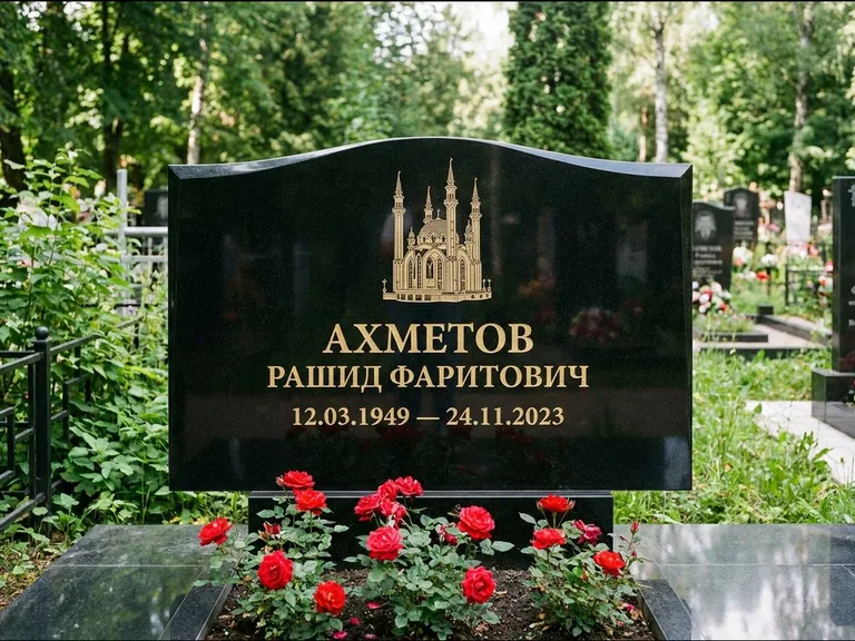 Мусульманский памятник с гравировкой мечети: широкая двойная семейная стела — золочёная гравировка мечети, цветник с красными розами, работа «Ахметов» в Хабаровске