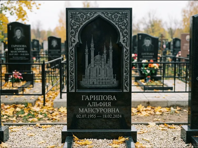 Мусульманский памятник с гравировкой мечети: фигурная стела с михраб-нишей — гравировка мечети в михраб-арке с орнаментом, светлая гравийная отсыпка, работа «Гарипова» в Хабаровске