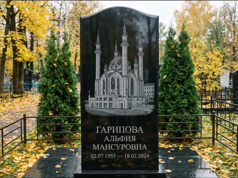 Мусульманский памятник с гравировкой мечети — мечеть Кул-Шариф на обороте стелы, работа «Гарипова» в Хабаровске