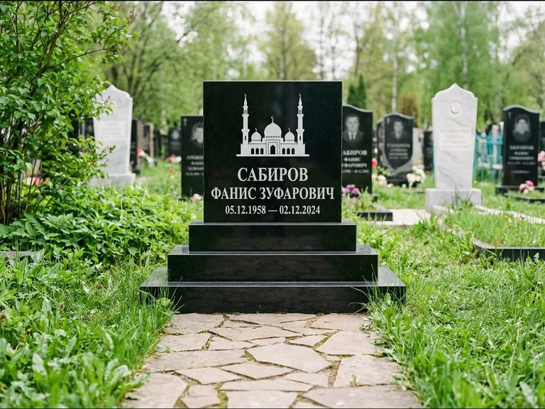 Мусульманский памятник с гравировкой мечети: ступенчатая трёхуровневая стела — золочёная гравировка мечети, дорожка из природного плитняка, работа «Юсупов» в Хабаровске