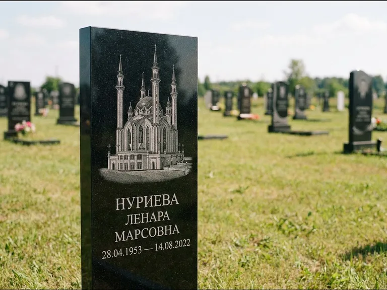 Мусульманский памятник с гравировкой мечети: узкая вертикальная стела-пилон — гравировка мечети в михраб-арке с орнаментом, открытая лужайка без ограды, работа «Хайруллина» в Хабаровске