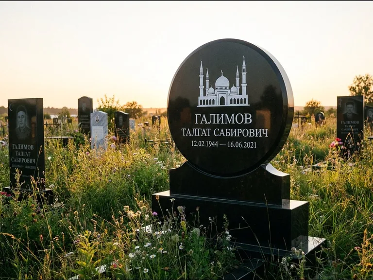 Мусульманский памятник с гравировкой мечети: округлая стела-медальон на тумбе — гравировка мечети в михраб-арке с орнаментом, луговые травы и полевые цветы, работа «Каримов» в Хабаровске