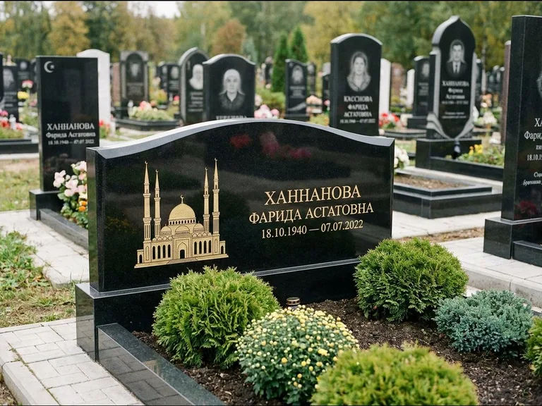 Мусульманский памятник с гравировкой мечети: вытянутая горизонтальная семейная стела с аркой — белая гравировка силуэта мечети с минаретами, участок с декоративными кустами, работа «Гарипова» в Хабаровске