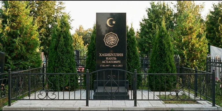 Гравировка на мусульманском памятнике в Хабаровске — стела из чёрного гранита, оформление по канонам ислама