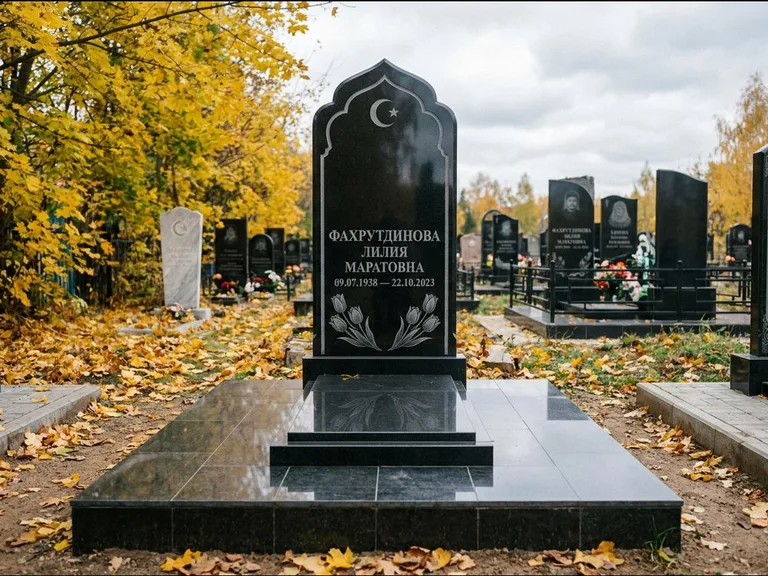 Мусульманский памятник: стела с михраб-навершием в форме арки — гравировка минарета с полумесяцем, гранитный цоколь с тёмной плиткой, работа «Фахрутдинова» в Хабаровске