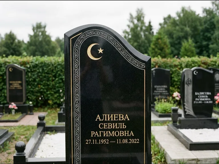 Мусульманский памятник: асимметричная скошенная стела — белая гравировка силуэта мечети с минаретами, живая изгородь из кустарника, работа «Алиева» в Хабаровске