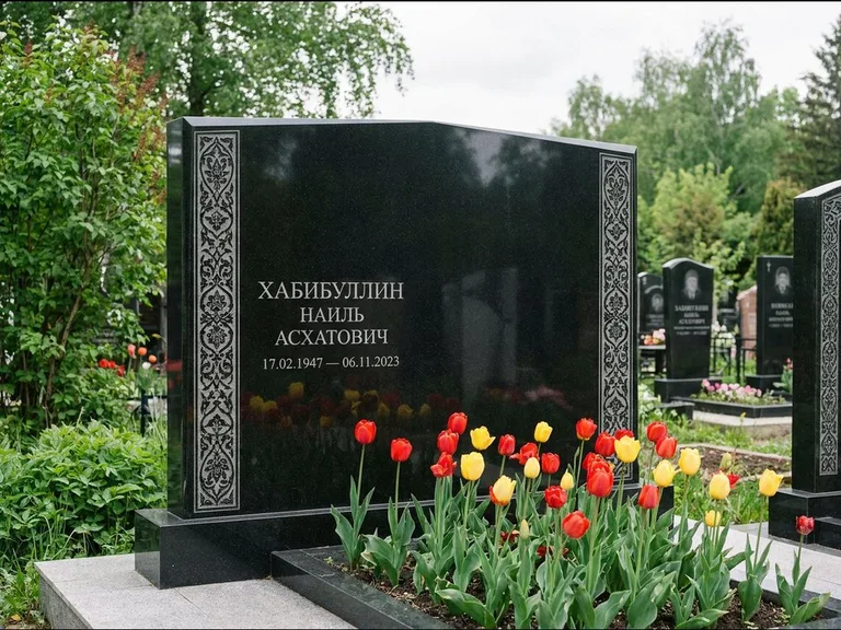 Мусульманский памятник: широкая двойная семейная стела — золочёная гравировка мечети, цветник с тюльпанами, работа «Хабибуллин» в Хабаровске