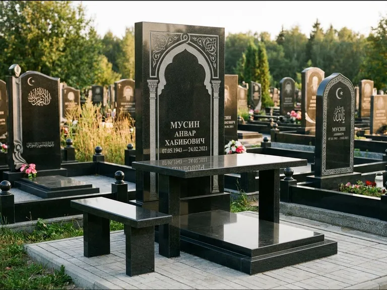 Мусульманский памятник: стела с гранитным столиком и скамьёй — гравировка мечети под полумесяцем и звёздами, семейный участок с плиткой, работа «Гимаев» в Хабаровске