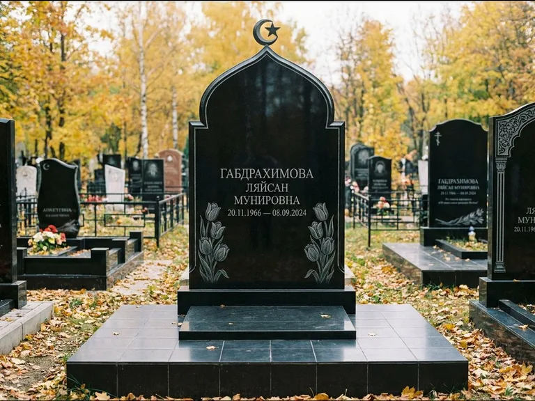 Мусульманский памятник: массивная стела с михраб-навершием — белая гравировка силуэта мечети с минаретами, цоколь тёмной плиткой, работа «Магомедова» в Хабаровске