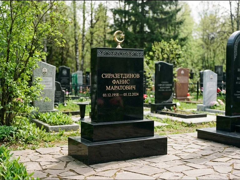 Мусульманский памятник: ступенчатая трёхуровневая стела — золочёная гравировка мечети, дорожка из природного плитняка, работа «Мустафин» в Хабаровске