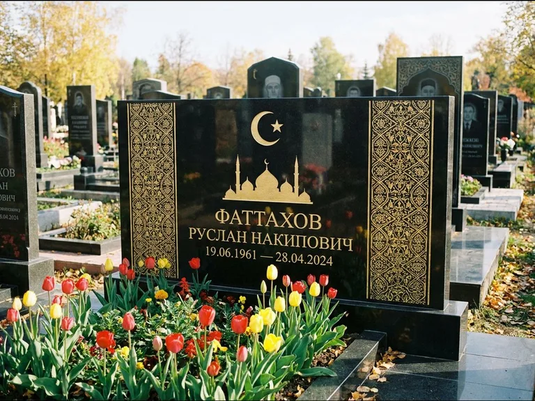 Мусульманский памятник: широкая панорамная стела с золочёным орнаментом — гравировка минарета с полумесяцем, цветник с тюльпанами, работа «Сулейманов» в Хабаровске