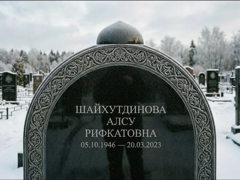 Мусульманский памятник: полукруглая стела с купольным навершием — гравировка мечети под полумесяцем и звёздами, заснеженный зимний участок, работа «Ганиева» в Хабаровске