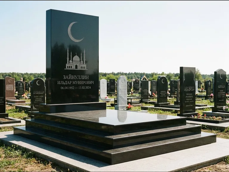 Мусульманский памятник: массивная стела на ступенчатом постаменте — гравировка мечети под полумесяцем и звёздами, гранитная площадка без ограды, работа «Хабибуллин» в Хабаровске