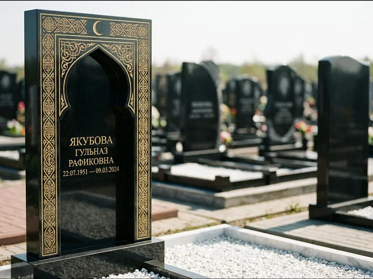 Мусульманский памятник: стела в форме михраба с глубокой нишей и золочёным орнаментом — детализированная гравировка мечети Кул-Шариф, участок с белой мраморной крошкой, работа «Мустафин» в Хабаровске