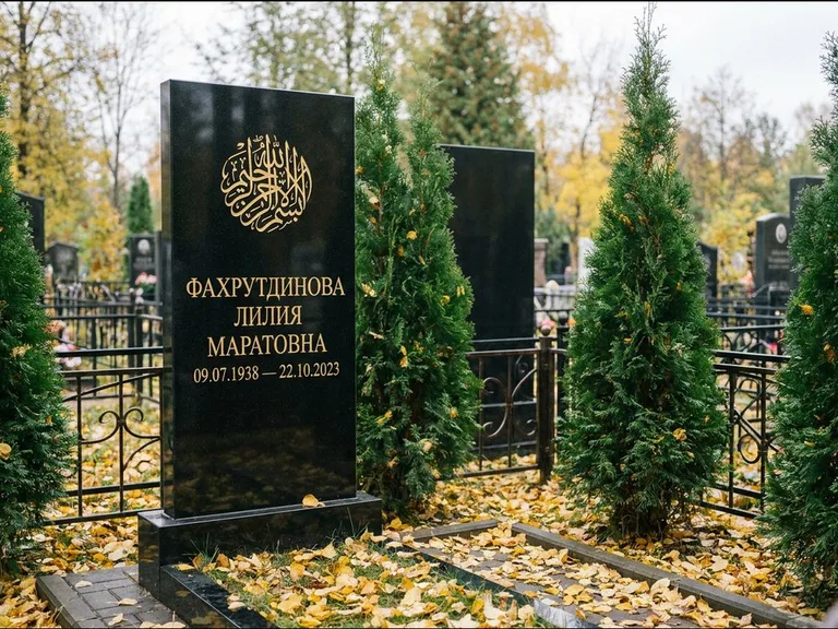 Мусульманский памятник — шахада в верхней части стелы, работа «Фахрутдинова» в Хабаровске