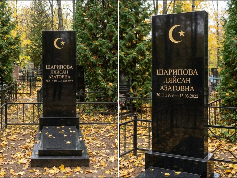 Памятник с гравировкой полумесяца — золочёная гравировка полумесяца со звездой в верхней части с, работа «Шарипова» в Хабаровске