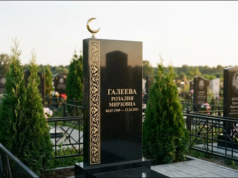 Памятник с гравировкой полумесяца — золочёный полумесяц и колонна растительного орнамента-ислими, работа «Галеева» в Хабаровске