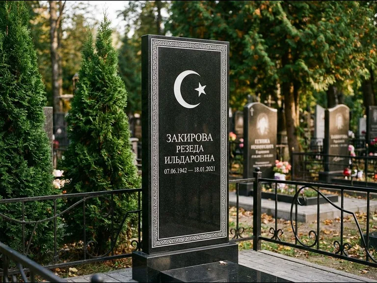 Памятник с гравировкой полумесяца — строгая белая гравировка полумесяца со звездой и орнаменталь, работа «Закирова» в Хабаровске