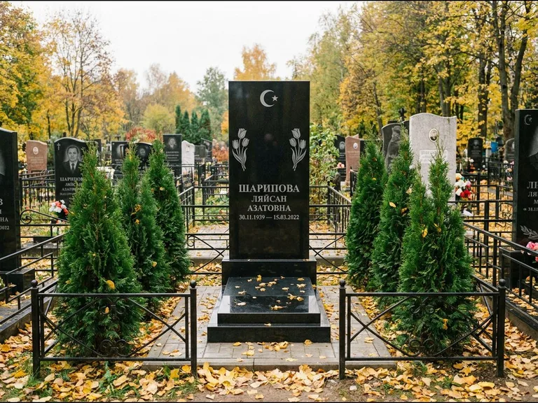 Памятник с гравировкой полумесяца — гравировка полумесяца со звездой и тюльпанами по бокам, работа «Шарипова» в Хабаровске