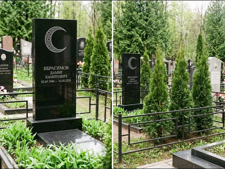 Памятник с гравировкой полумесяца — гравировка полумесяца в геометрическом орнаменте-гирихе, работа «Ибрагимов» в Хабаровске