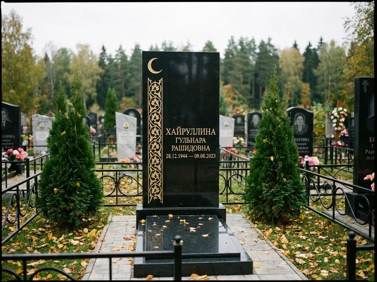 Памятник с гравировкой полумесяца — золочёный полумесяц и колонна растительного орнамента-ислими, работа «Хайруллина» в Хабаровске