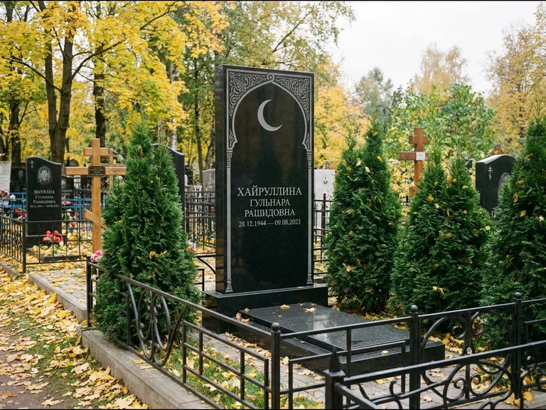 Памятник с гравировкой полумесяца — гравировка полумесяца в восточной арке с орнаментом, работа «Хайруллина» в Хабаровске