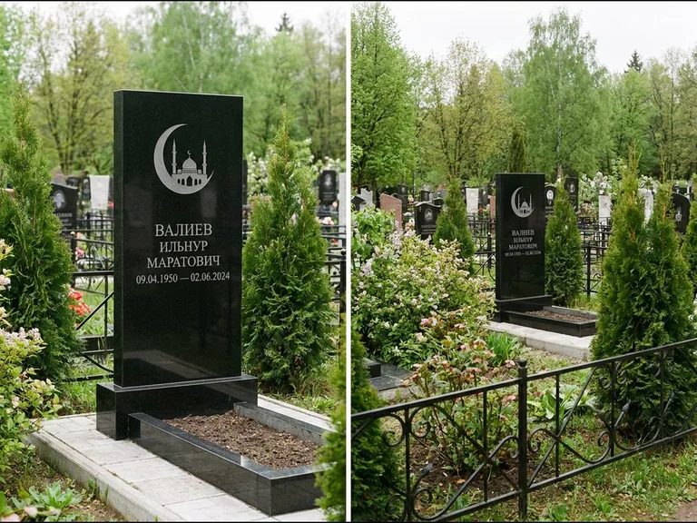 Памятник с гравировкой полумесяца — гравировка полумесяца над силуэтом мечети, работа «Валиев» в Хабаровске