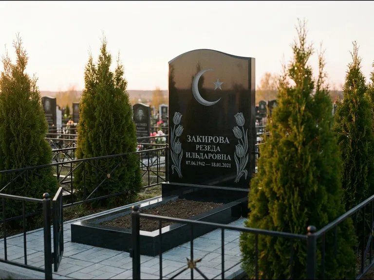 Памятник с гравировкой полумесяца — гравировка полумесяца со звездой и тюльпанами по бокам, работа «Закирова» в Хабаровске