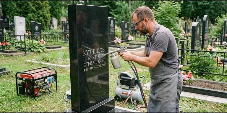 Гравировка на памятнике с выездом на кладбище в Хабаровске — мастер гравирует установленный памятник