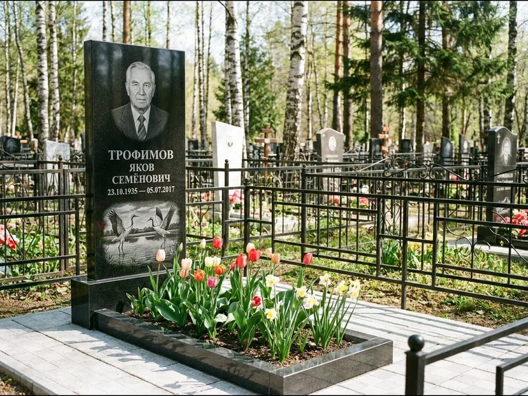 Памятник с гравировкой журавлей — гравировка пары журавлей над гладью озера в нижней части, работа «Трофимов» в Хабаровске