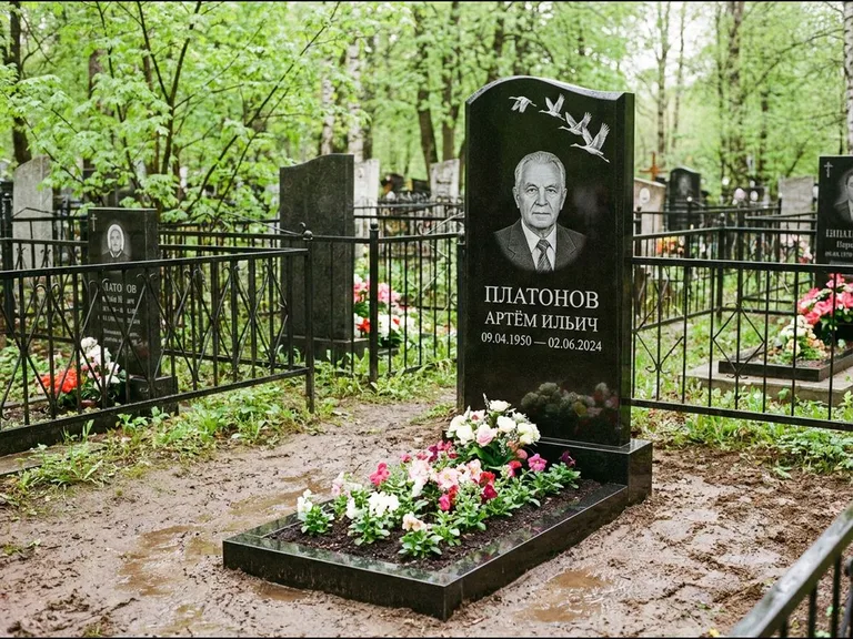 Памятник с гравировкой журавлей — белая гравировка клина журавлей, уходящего в верхний угол ст, работа «Платонов» в Хабаровске