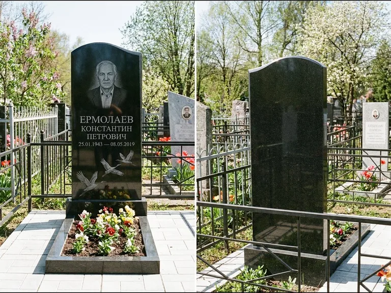 Памятник с гравировкой журавлей — гравировка трёх журавлей по диагонали через свободное поле с, работа «Ермолаев» в Хабаровске