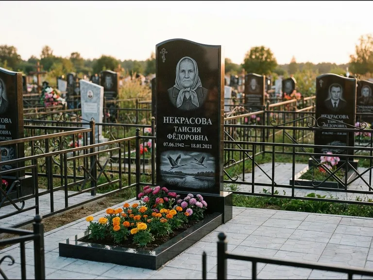 Памятник с гравировкой журавлей — гравировка пары журавлей над гладью озера в нижней части, работа «Некрасова» в Хабаровске