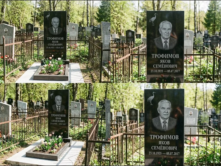 Памятник с гравировкой журавлей — гравировка одиночного летящего журавля над портретом, работа «Трофимов» в Хабаровске