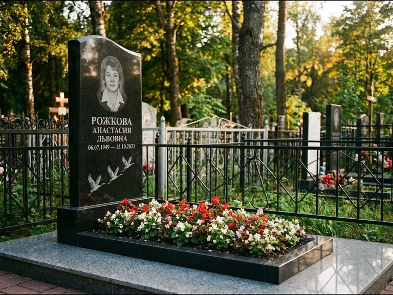 Памятник с гравировкой журавлей — гравировка трёх журавлей по диагонали через свободное поле с, работа «Рожкова» в Хабаровске