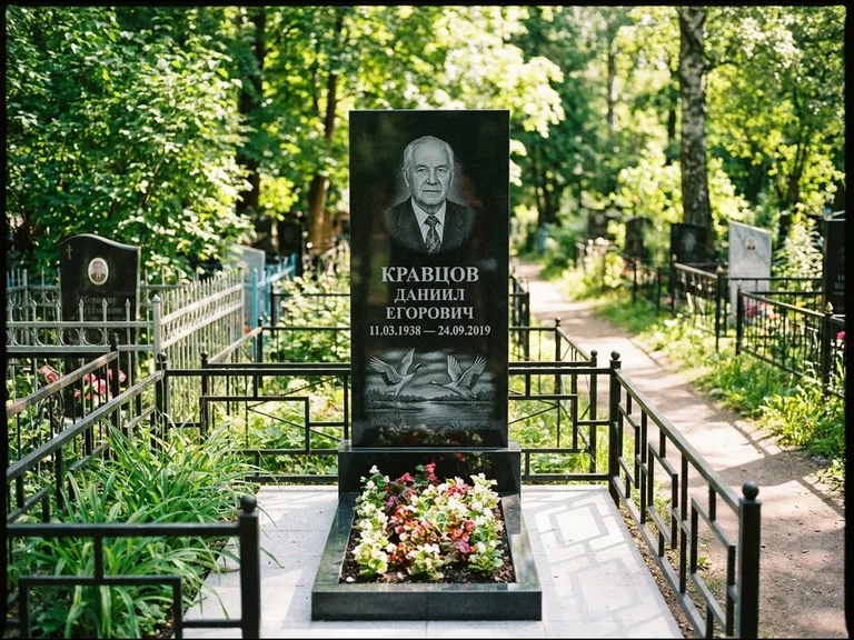 Памятник с гравировкой журавлей — гравировка пары журавлей над гладью озера в нижней части, работа «Кравцов» в Хабаровске
