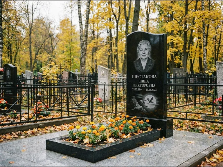 Памятник с гравировкой журавлей — гравировка клина журавлей на фоне солнечного диска, работа «Шестакова» в Хабаровске
