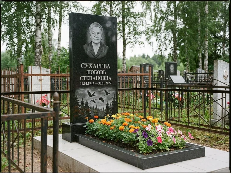 Памятник с гравировкой журавлей — гравировка силуэтов журавлей над еловым лесом, работа «Сухарева» в Хабаровске