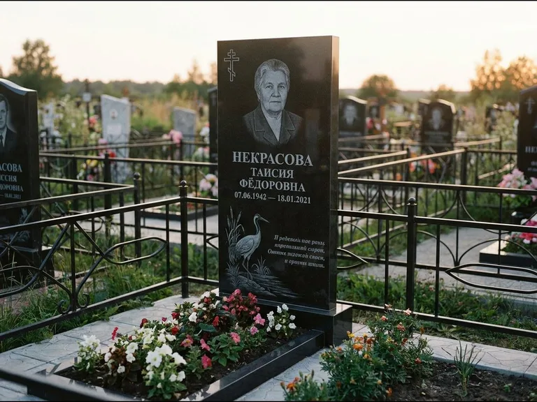 Памятник с гравировкой журавлей — гравировка журавля у камышей рядом с эпитафией, работа «Некрасова» в Хабаровске