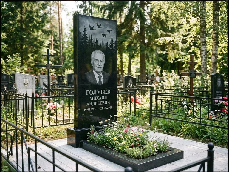 Памятник с гравировкой журавлей — гравировка силуэтов журавлей над еловым лесом, работа «Голубев» в Хабаровске