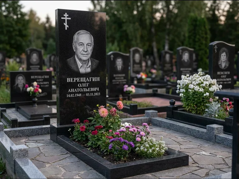 Памятник из чёрного гранита — горизонтальная плита-стела с православным восьмиконечным крестом, работа «Тихонов» в Хабаровске
