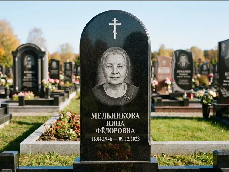 Памятник из чёрного гранита — стела с резным навершием с латинским крестом, работа «Савельева» в Хабаровске