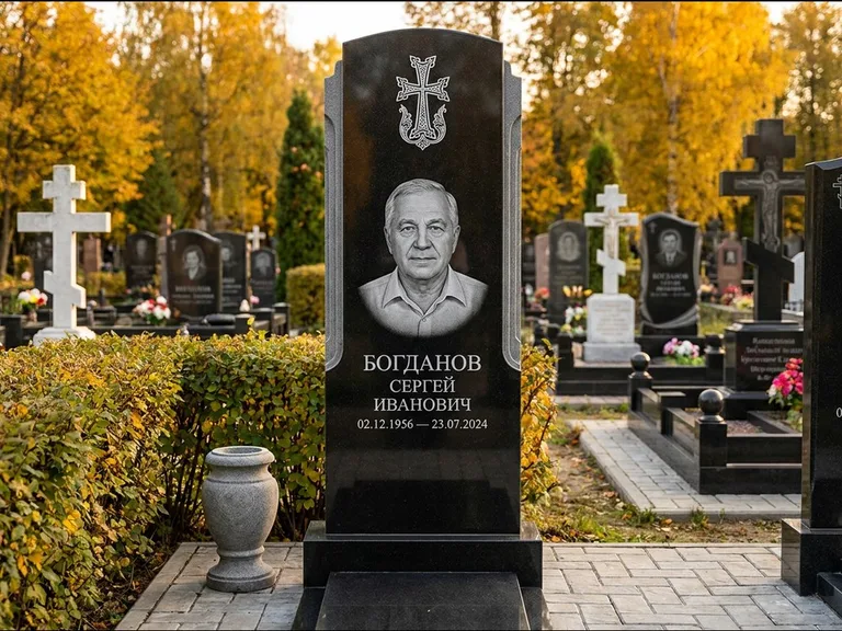 Памятник из чёрного гранита — круглая стела-медальон с армянским хачкаром, работа «Ковалёв» в Хабаровске